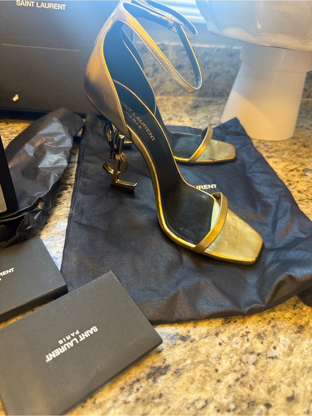 Saint Laurent Gold Leather Ankle-Strap Heels with YSL Sculpted Heel - Picture 2 of 5